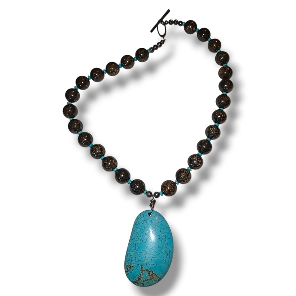 925 Sterling Silver Tiger Eye Bead Necklace Turquoise Pendant Toggle Clasp